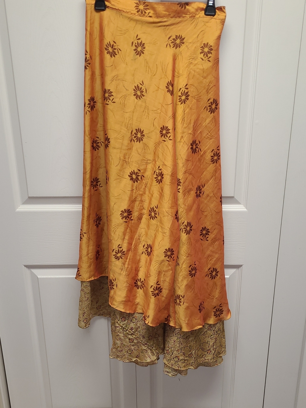 Vintage inspired Floral 100% Silk Reversible Maxi Magic Wrap Skirt w/Layered Hem